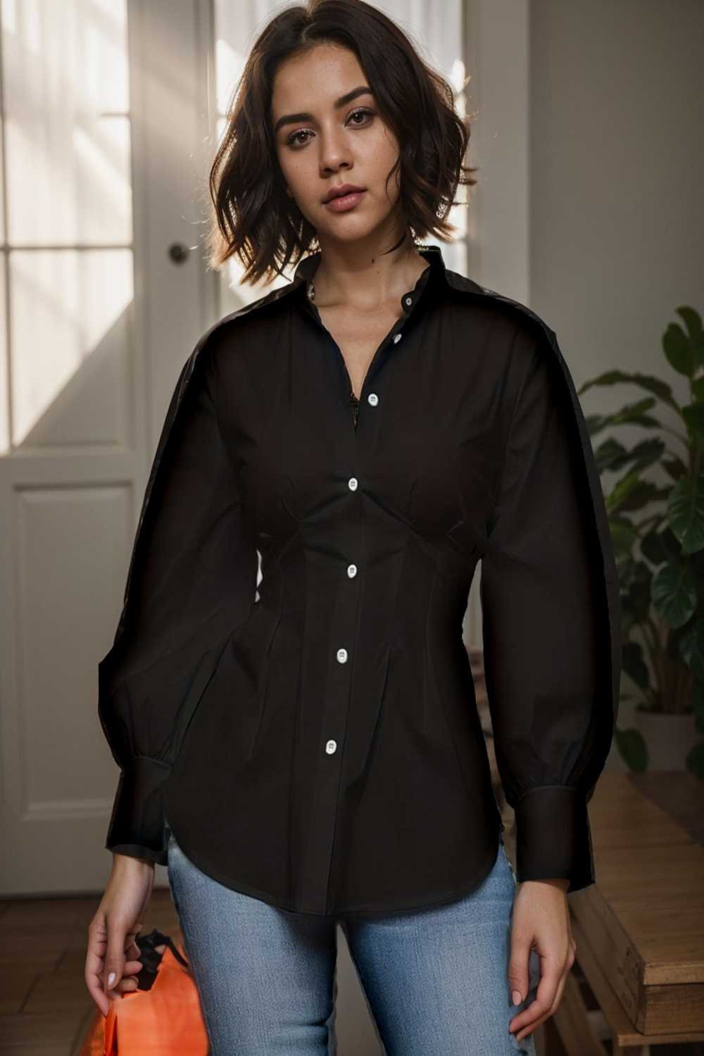 plus size casual blouse women s plus solid button up lantern sleeve turn down collar nipped waist blouse 112466