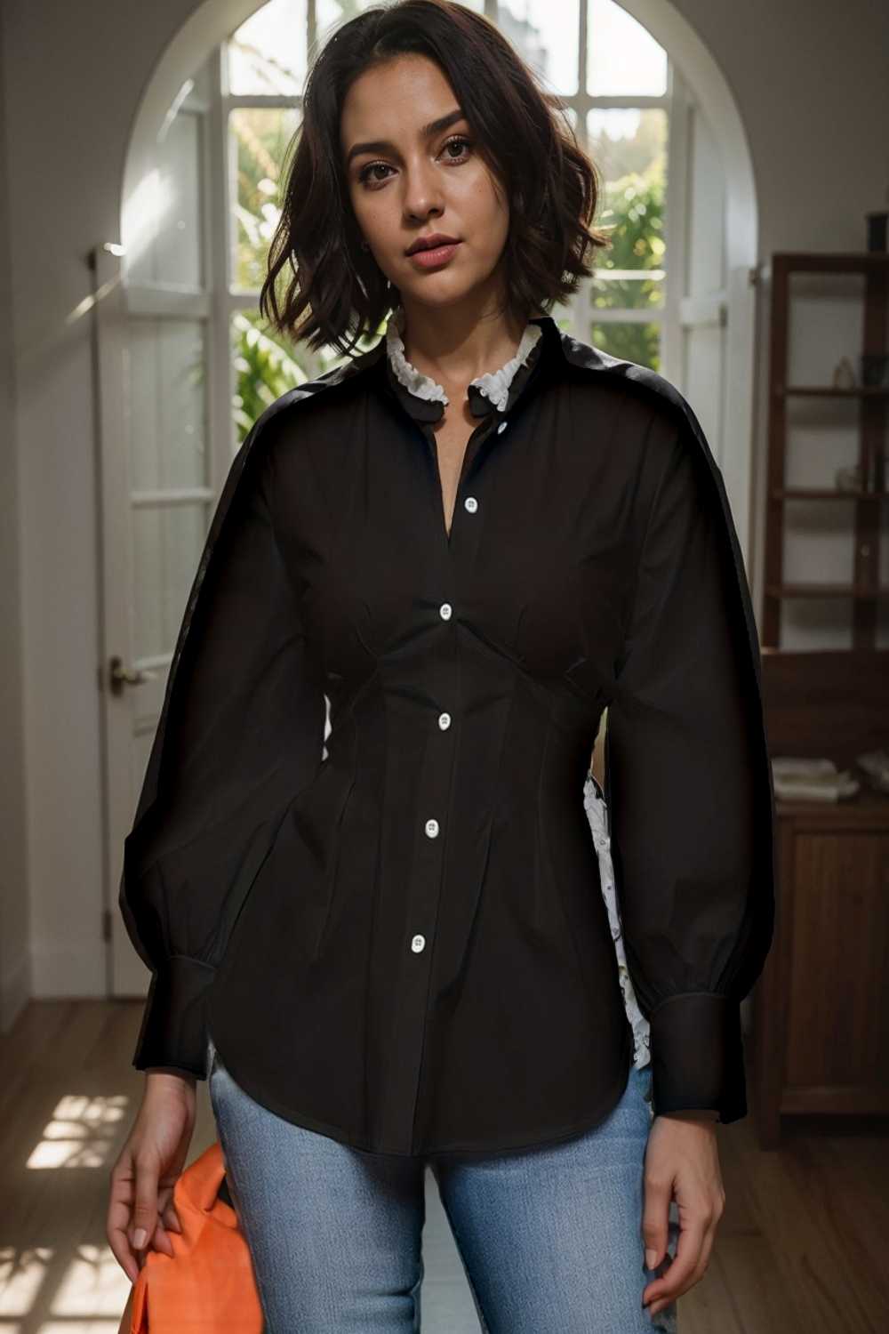 plus size casual blouse women s plus solid button up lantern sleeve turn down collar nipped waist blouse 111487