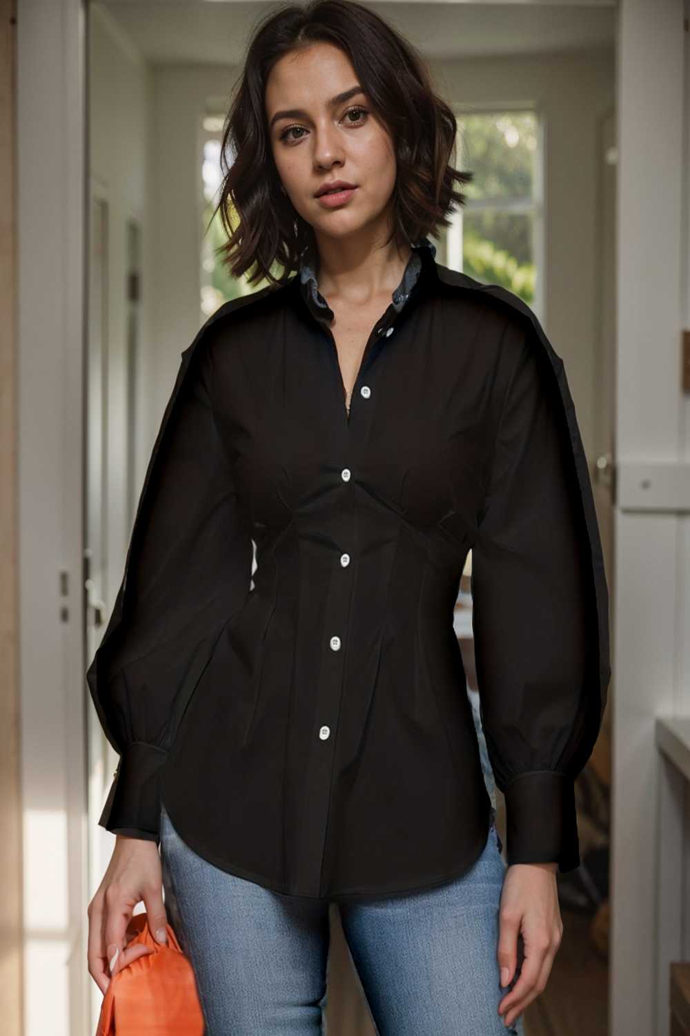 plus size casual blouse women s plus solid button up lantern sleeve turn down collar nipped waist blouse 111486