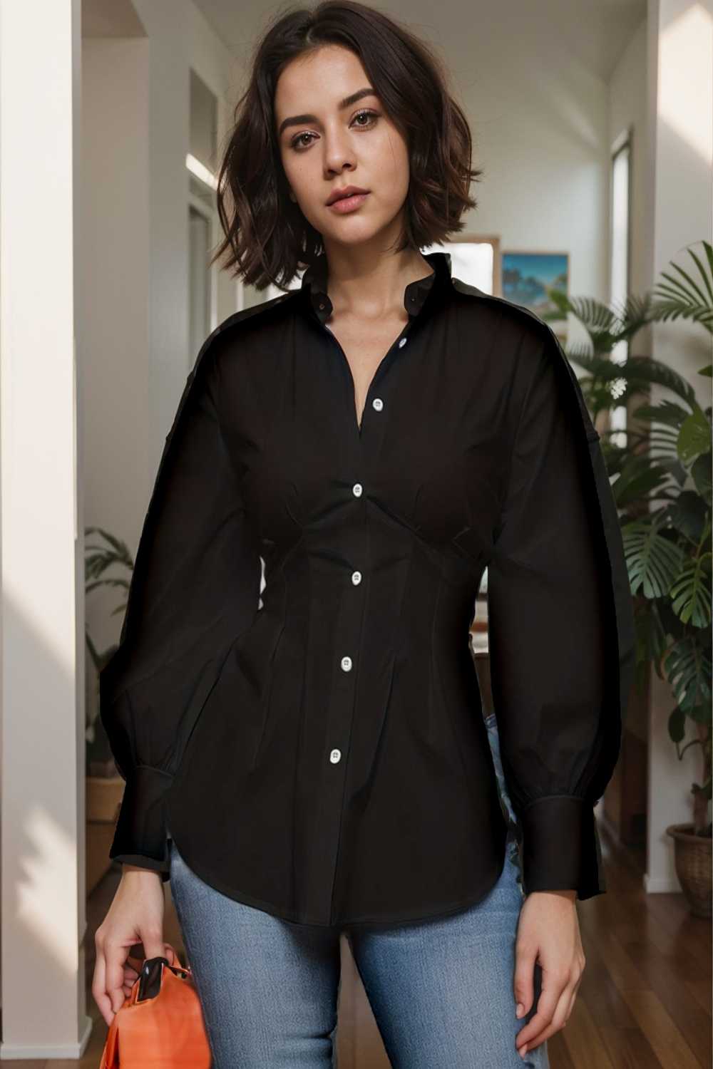 plus size casual blouse women s plus solid button up lantern sleeve turn down collar nipped waist blouse 112465
