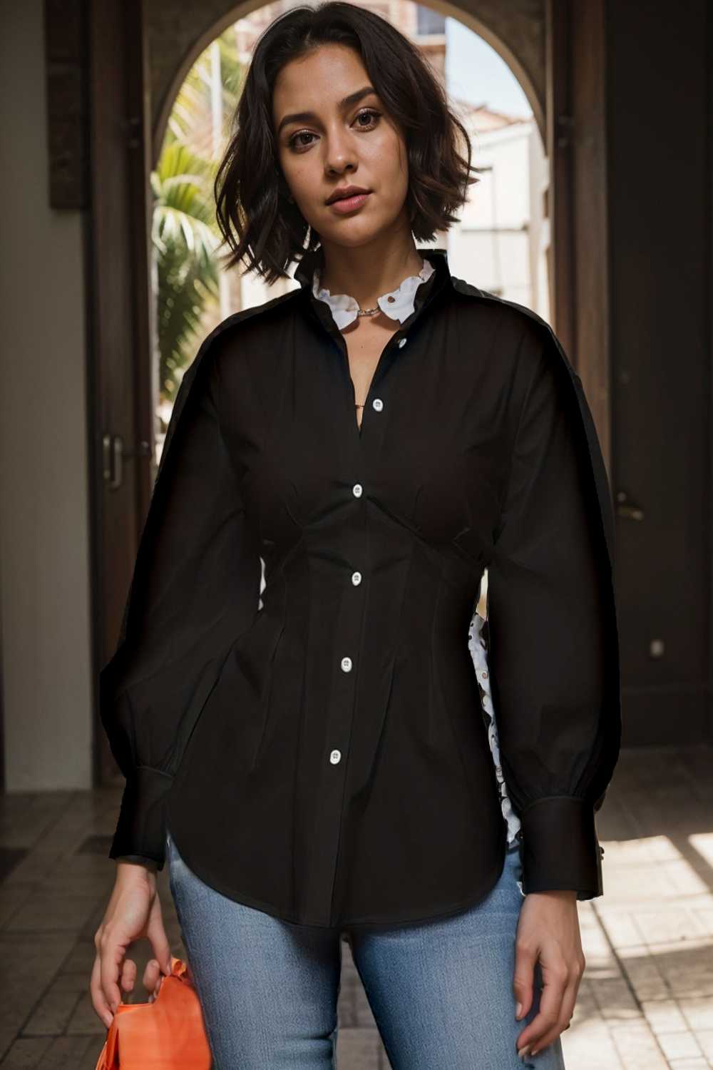 plus size casual blouse women s plus solid button up lantern sleeve turn down collar nipped waist blouse 111484