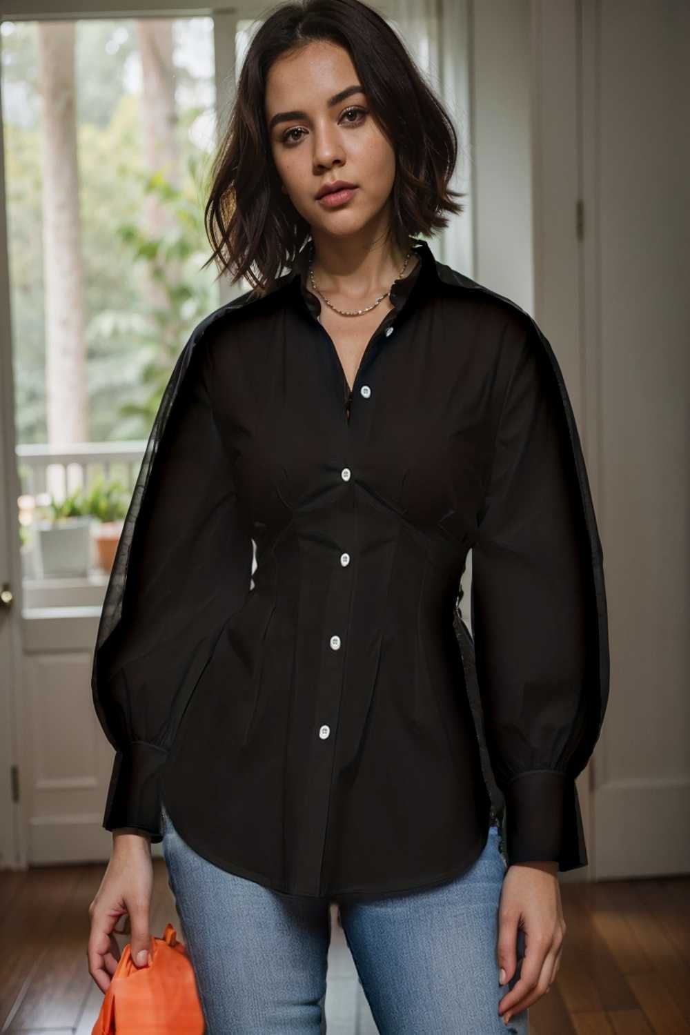 plus size casual blouse women s plus solid button up lantern sleeve turn down collar nipped waist blouse 112463
