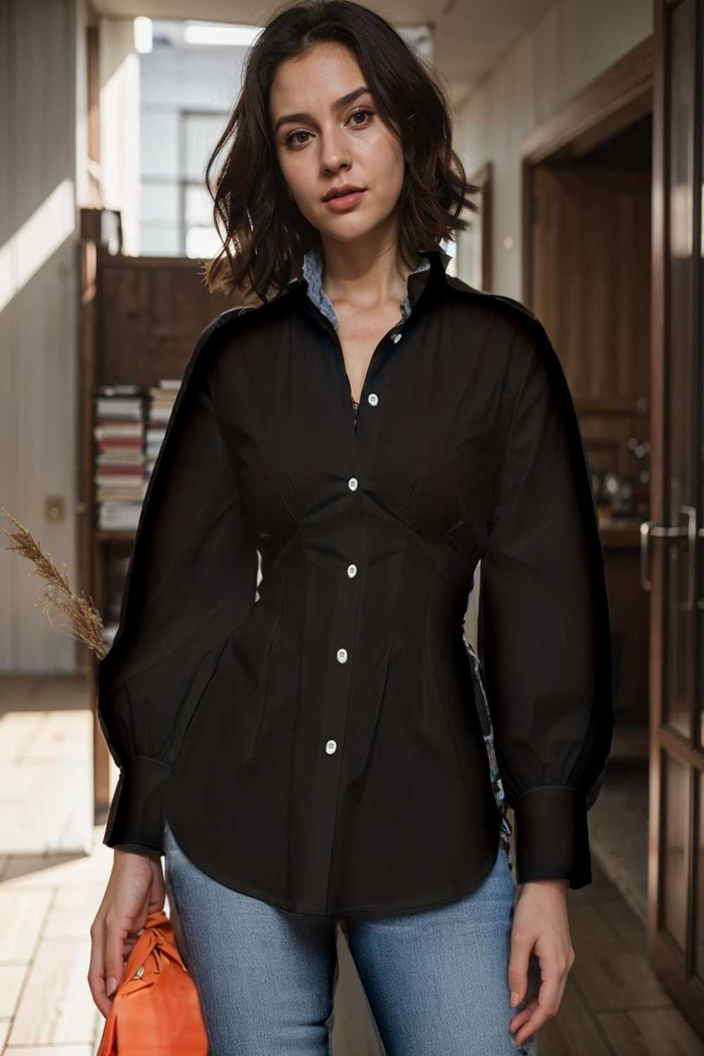 plus size casual blouse women s plus solid button up lantern sleeve turn down collar nipped waist blouse 111483