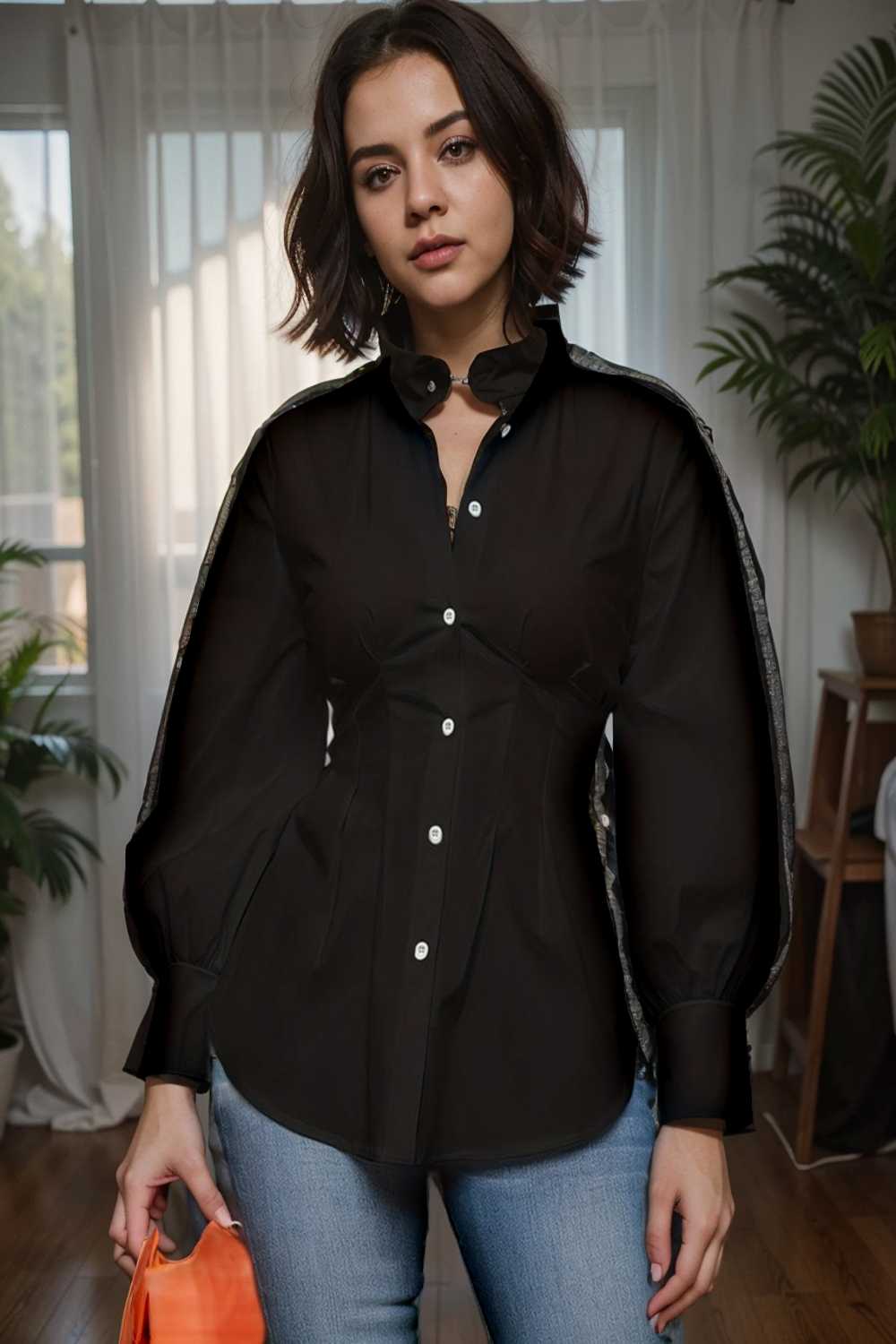 plus size casual blouse women s plus solid button up lantern sleeve turn down collar nipped waist blouse 112460