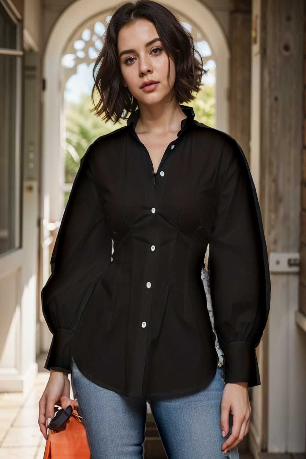 plus size casual blouse women s plus solid button up lantern sleeve turn down collar nipped waist blouse 112459