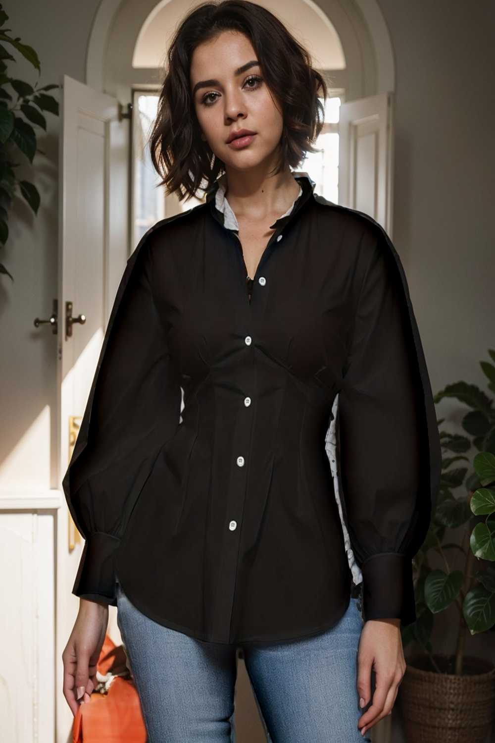 plus size casual blouse women s plus solid button up lantern sleeve turn down collar nipped waist blouse 112458