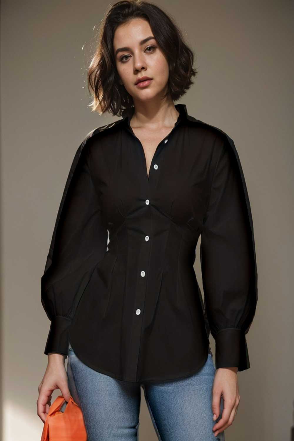 plus size casual blouse women s plus solid button up lantern sleeve turn down collar nipped waist blouse 112457