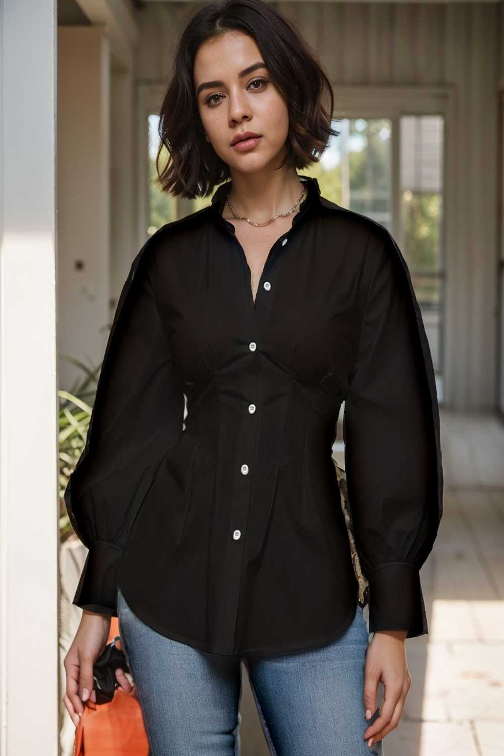 plus size casual blouse women s plus solid button up lantern sleeve turn down collar nipped waist blouse 112455