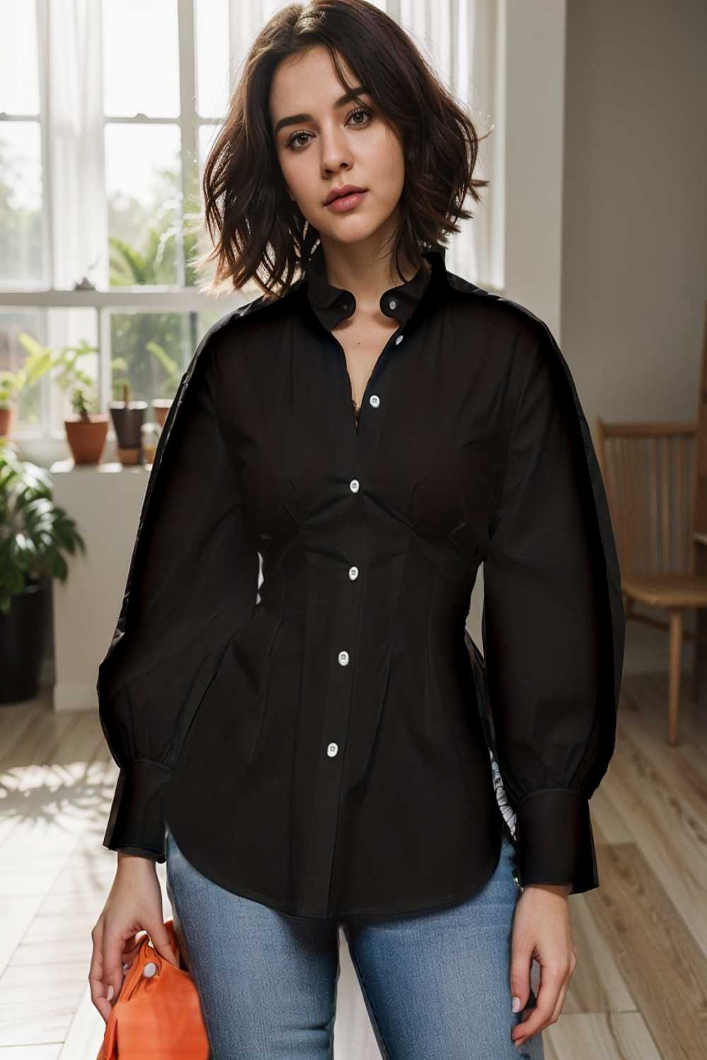 plus size casual blouse women s plus solid button up lantern sleeve turn down collar nipped waist blouse 112454