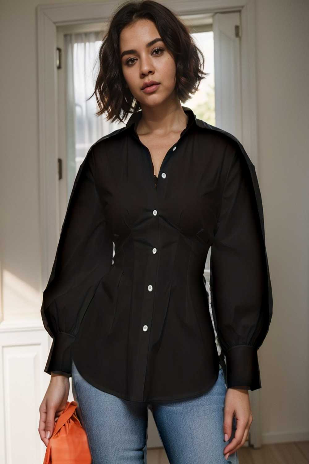 plus size casual blouse women s plus solid button up lantern sleeve turn down collar nipped waist blouse 112453