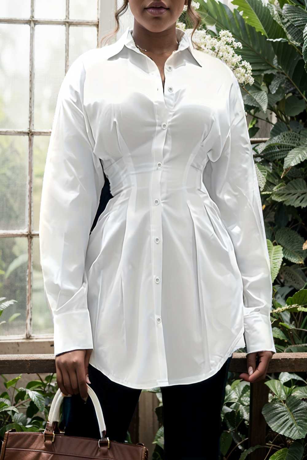 plus size casual blouse women s plus solid button up lantern sleeve turn down collar nipped waist blouse 112451