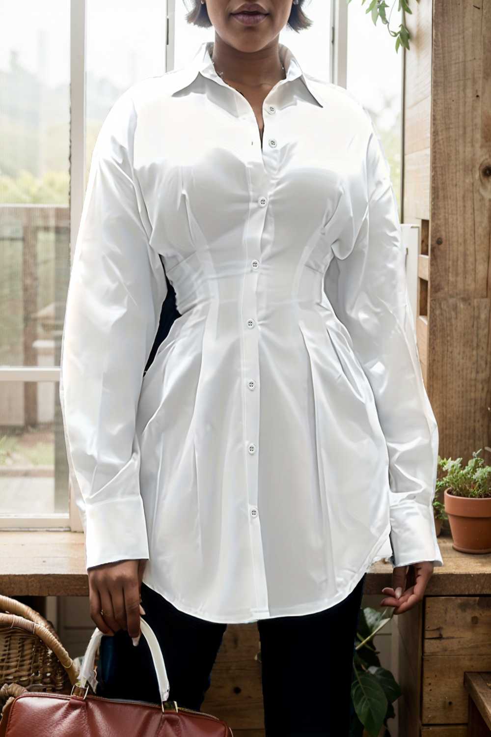 plus size casual blouse women s plus solid button up lantern sleeve turn down collar nipped waist blouse 112441