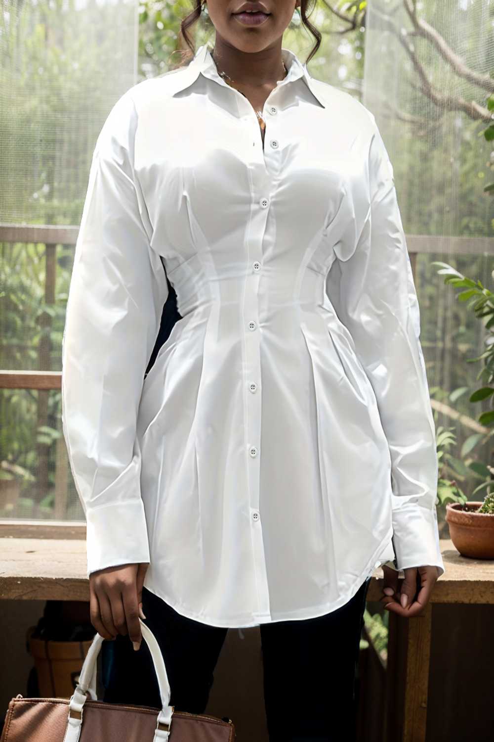 plus size casual blouse women s plus solid button up lantern sleeve turn down collar nipped waist blouse 112440