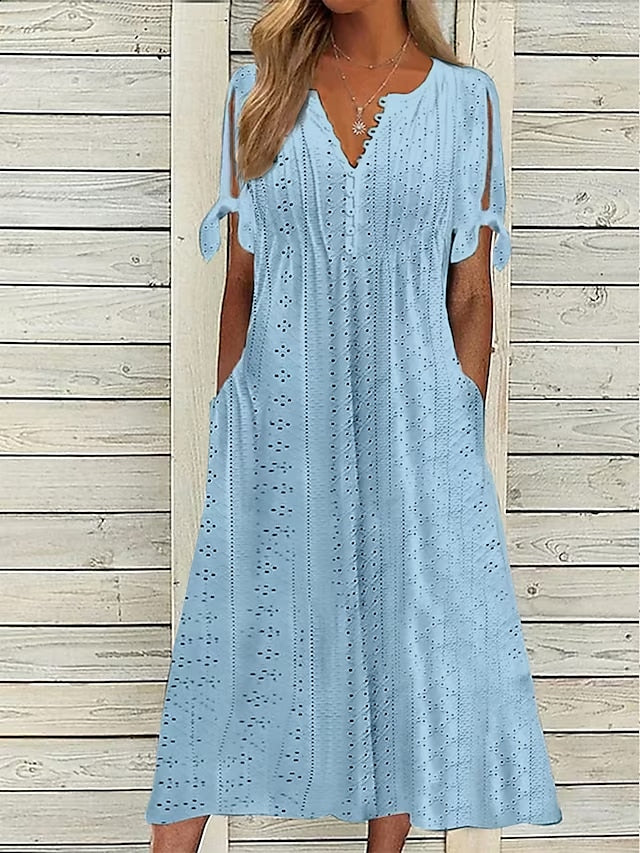 Women's Casual Dress Summer Dress Pleated Dress Plain Lace Ruched V Neck Midi Dress Fashion Elegant Outdoor Daily Short Sleeve Loose Fit White Pink Blue Summer Spring S M L XL XXL - LuckyFash™
