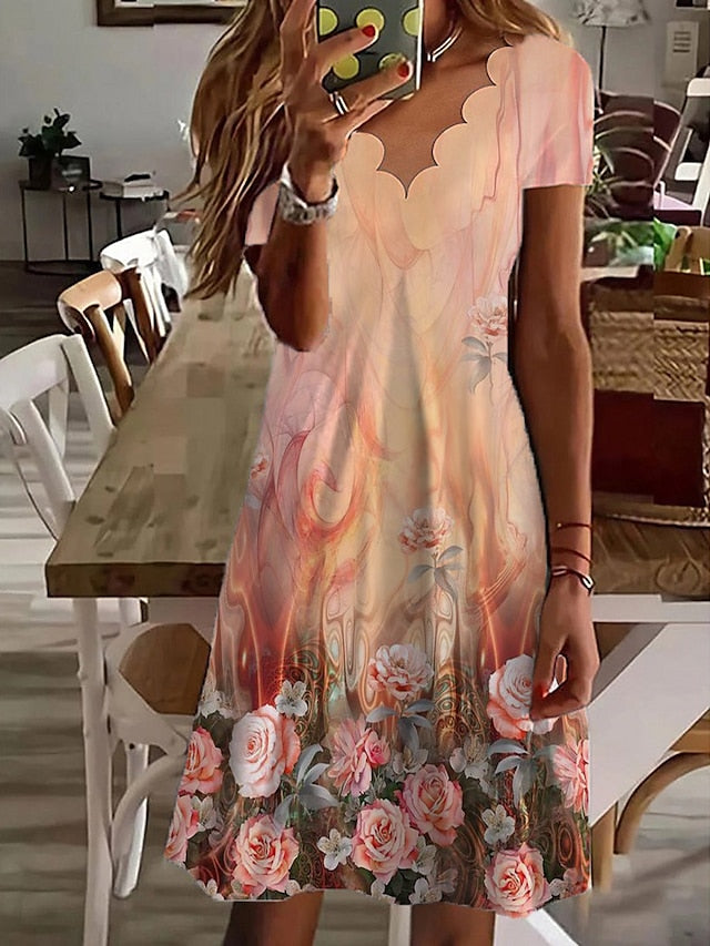 Women's Casual Dress Shift Dress Floral Dress Mini Dress White Pink Red Short Sleeve Floral Ruched Summer Spring Scalloped Neck Fashion Vacation 2023 S M L XL XXL 3XL - LuckyFash™