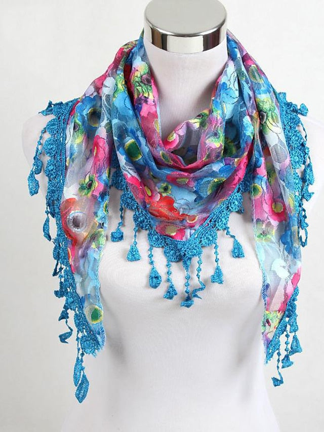 Women's Shawls & Wraps Party Blue Scarf Floral & Long Triangle Tassel Scarf / Basic / Fall / Winter / Spring - LuckyFash™