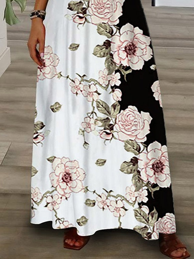 Women's Long Dress Maxi Dress Casual Dress A Line Dress Print Dress Floral Fashion Streetwear Outdoor Daily Vacation Lace Print Short Sleeve V Neck Dress Regular Fit Black White Green Summer Spring S - LuckyFash™
