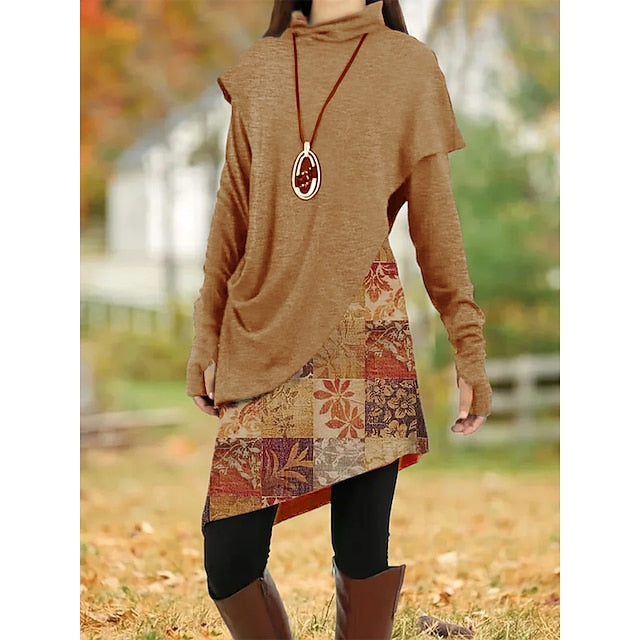 Women's Casual Dress Shift Dress Floral Leaf Patchwork Cowl Neck Mini Dress Vintage Ethnic Daily Long Sleeve Fall Winter