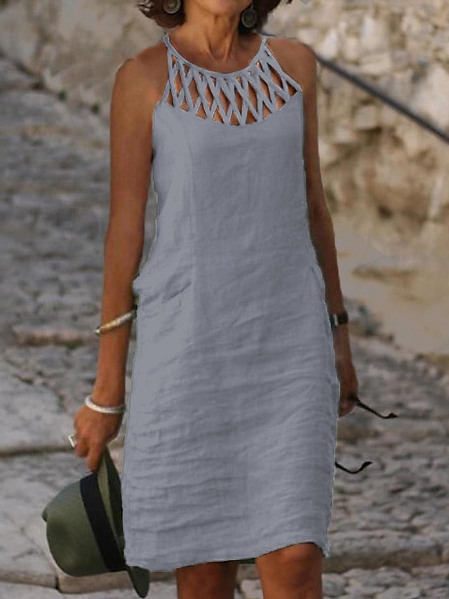 Women's Casual Dress Cotton Linen Dress Shift Dress Mini Dress Cotton Blend Modern Casual Outdoor Daily Vacation Halter Ruched Hollow Out Sleeveless Summer Spring 2023 Regular Fit Black White Blue - LuckyFash™