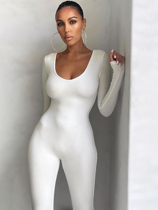 Women's Jumpsuit Onesie Workout Sets Winter Solid Color Bodysuit Black White Spandex Yoga Fitness Gym Workout Tummy Control Butt Lift Breathable Long Sleeve Sport Activewear Stretchy - LuckyFash™