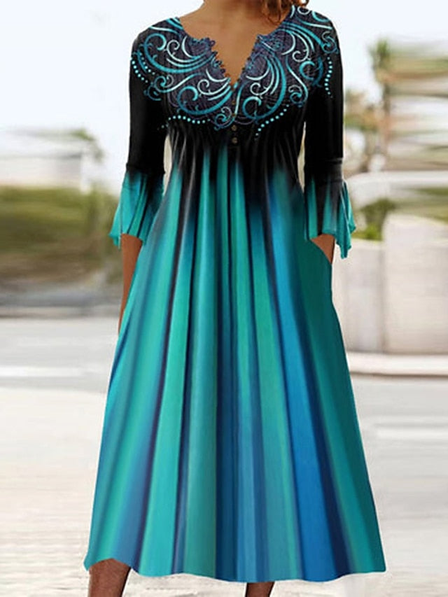 Women's Dress - Casual Dress Summer Dress Print Dress Stripe Ombre Pleated Print V Neck Midi Dress Fashion Classic Outdoor Daily 3/4 Length Sleeve Regular Fit Purple Green Dark Blue Summer Spring S M L XL XXL