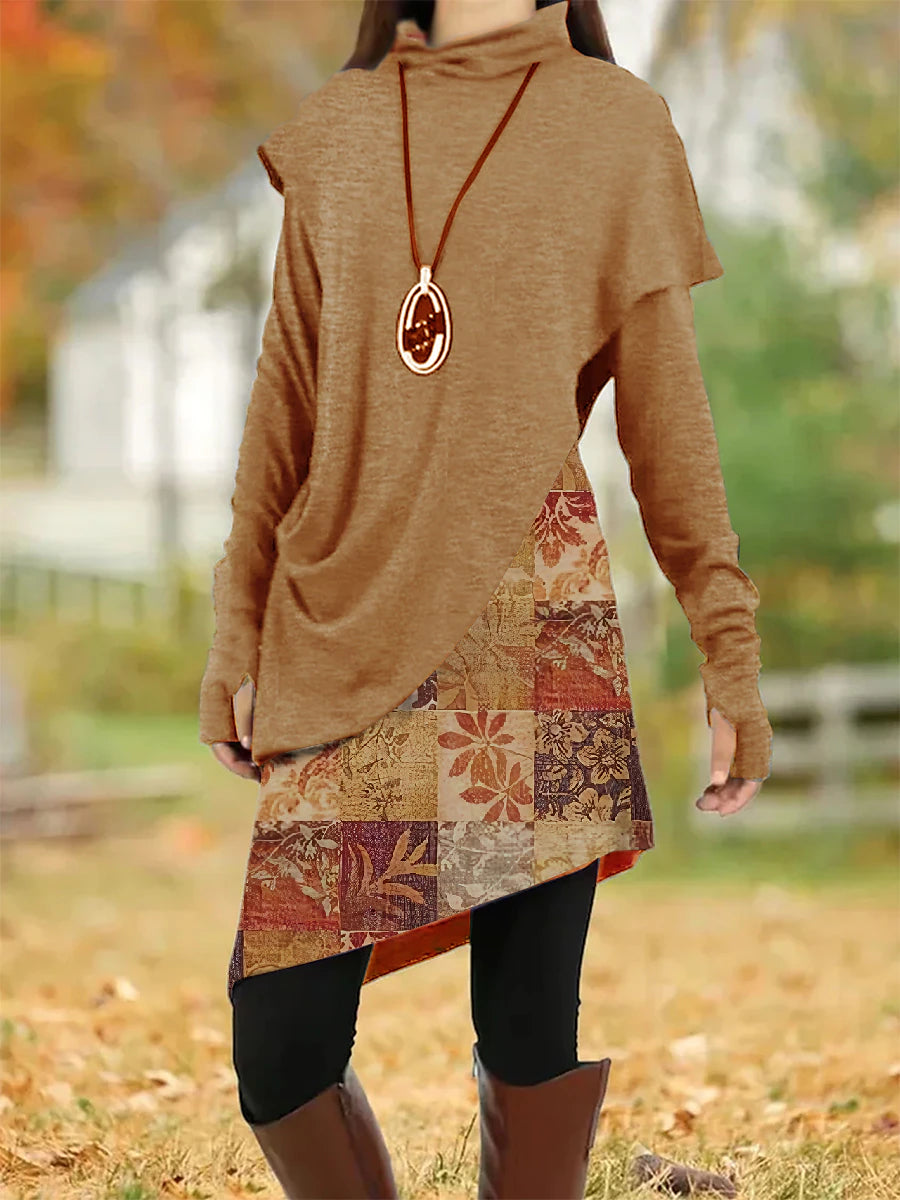 Women's Casual Dress Shift Dress Floral Leaf Patchwork Cowl Neck Mini Dress Vintage Ethnic Daily Long Sleeve Fall Winter