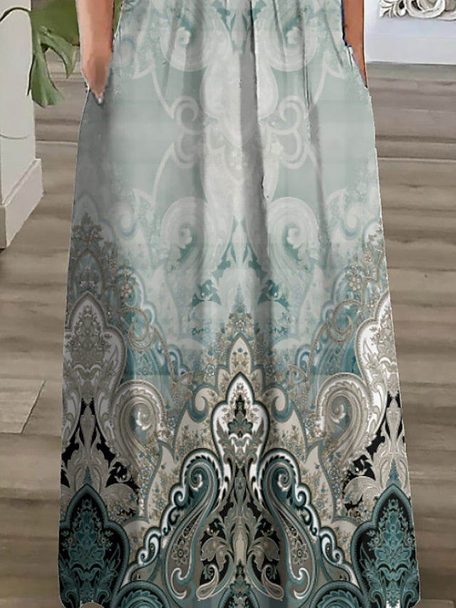 Women's Long Dress Maxi Dress Casual Dress Ethnic Dress A Line Dress Graphic Tribal Romantic Casual Holiday Vacation Weekend Ruched Pocket Short Sleeve Crew Neck Dress Regular Fit Pink Blue Dark Blue - LuckyFash™