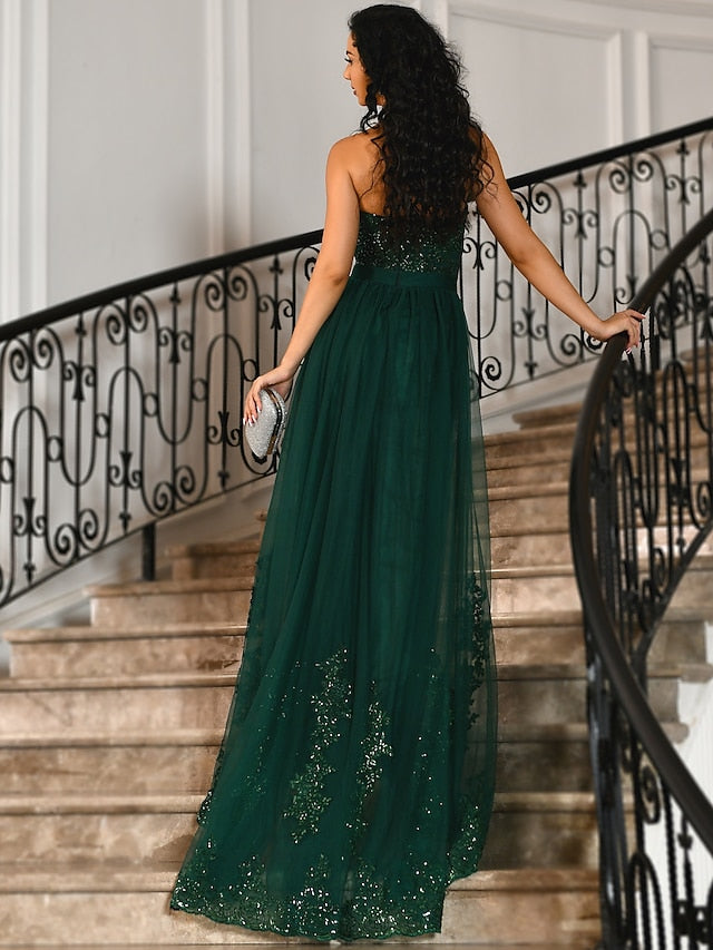Mermaid / Trumpet Prom Dresses Emerald Green Dress Christmas Court Train Sleeveless Strapless Tulle with Slit Appliques 2023 - LuckyFash™