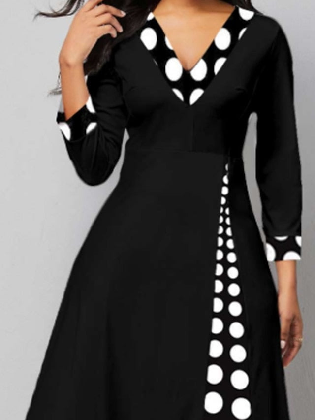 Women's Dress - Casual Dress Work Dress Church Dress Midi Dress Black 3/4 Length Sleeve Polka Dot Ruched Winter Fall Spring V Neck Modern Winter Dress Office Daily 2023 S M L XL XXL