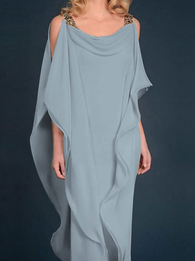 Sheath / Column Mother of the Bride Dress Plus Size Elegant Jewel Neck Floor Length Chiffon Half Sleeve with Beading Cascading Ruffles 2023 - LuckyFash™