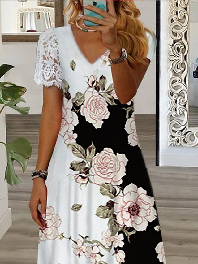 Women's Long Dress Maxi Dress Casual Dress A Line Dress Print Dress Floral Fashion Streetwear Outdoor Daily Vacation Lace Print Short Sleeve V Neck Dress Regular Fit Black White Green Summer Spring S - LuckyFash™