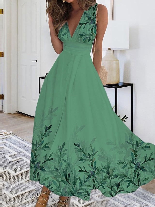 Women's Long Dress Maxi Dress Casual Dress Swing Dress A Line Dress Leaf Fashion Streetwear Outdoor Daily Date Print Sleeveless V Neck Dress Regular Fit Red Blue Purple Summer Spring S M L XL XXL - LuckyFash™