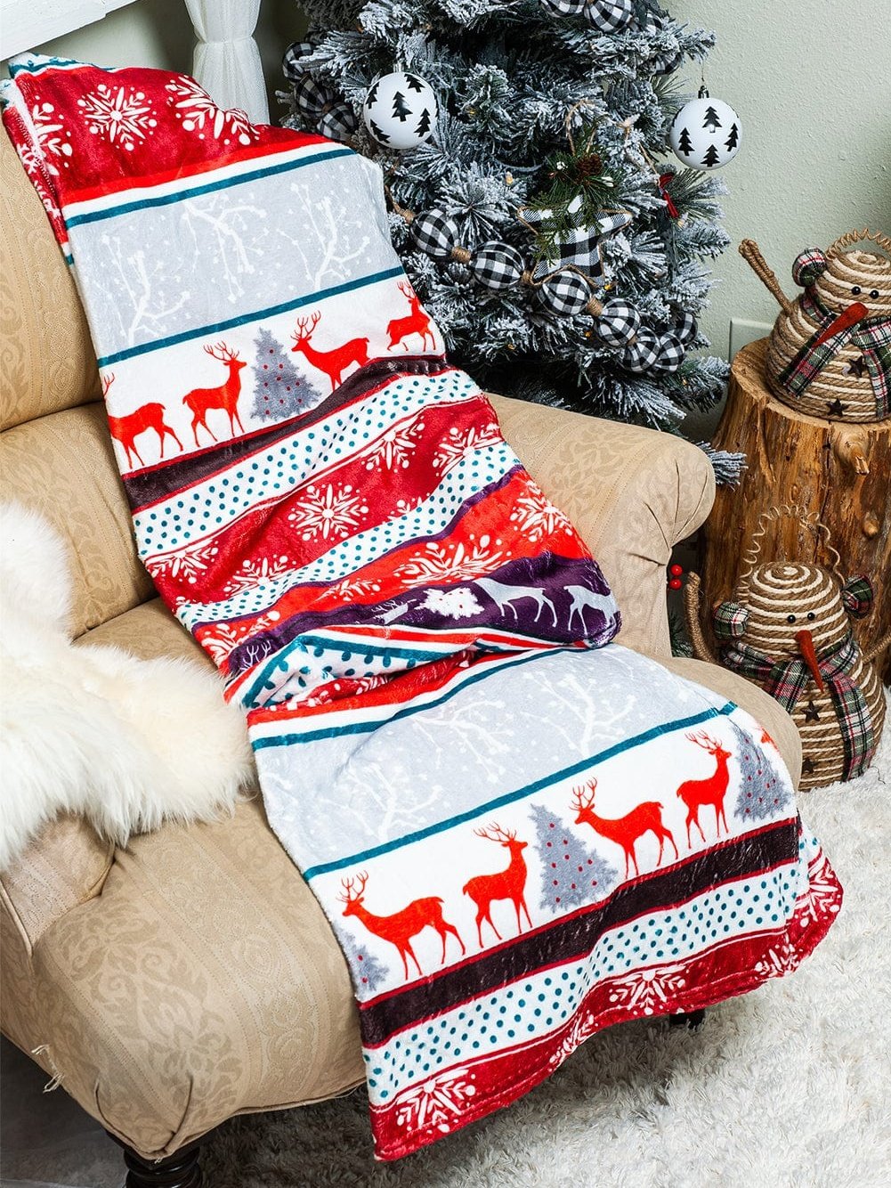 Red Christmas Elk Print Reversible Sherpa Fleece Blanket