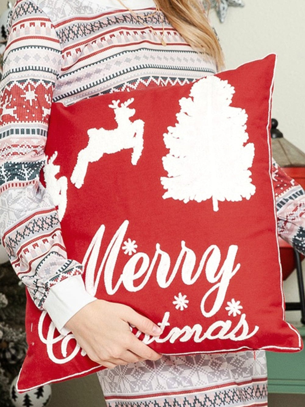 Red Clay Christmas Graphic Color Block Squared Pillow Cover