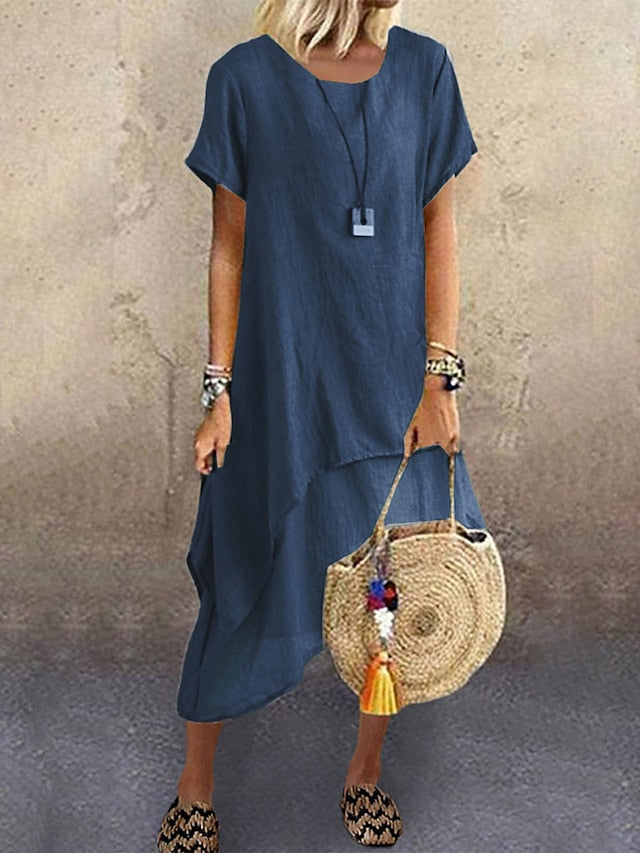 Women's Casual Dress Cotton Linen Dress A Line Dress Midi Dress Cotton Blend Basic Modern Outdoor Daily Crew Neck Ruffle Layered Short Sleeve Summer Spring 2023 Loose Fit Blue Green Gray Plain S M L - LuckyFash™