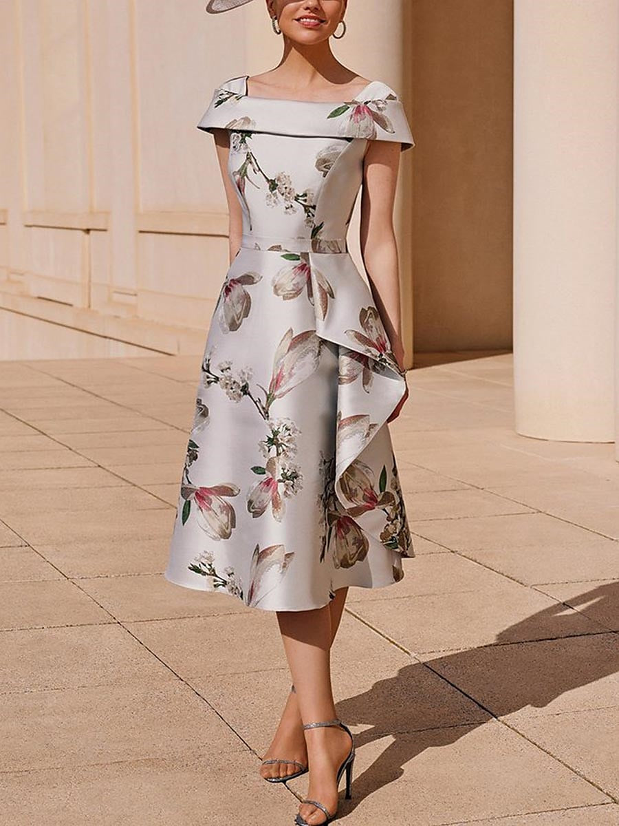 Women's Party Dress Cocktail Dress Wedding Guest Dress Midi Dress Gray Short Sleeve Floral Ruffle Summer Spring Fall Square Neck Party Wedding Guest Vacation Summer Dress S M L XL 2XL 3XL
