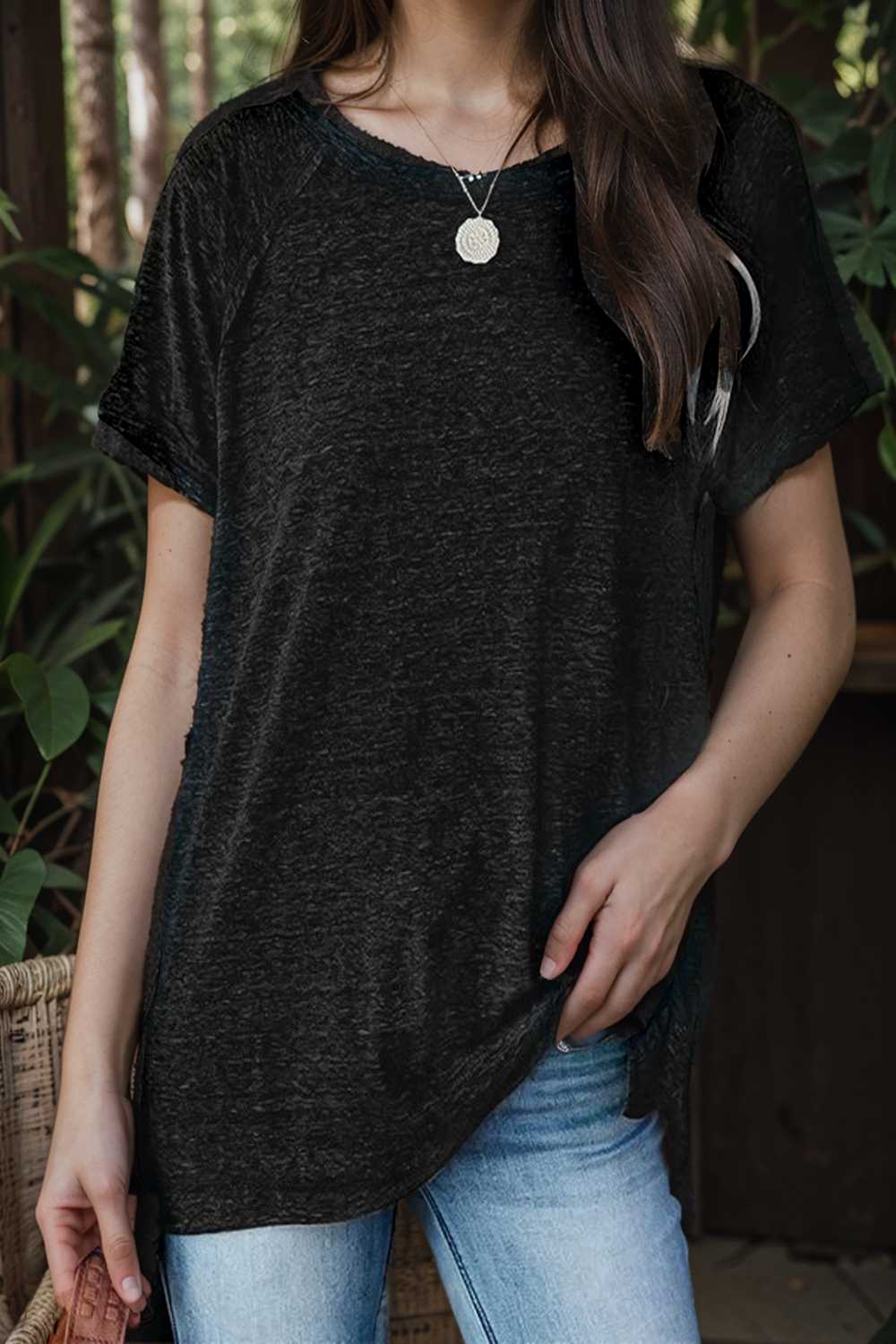 round neck solid loose short sleeve t shirt 111424