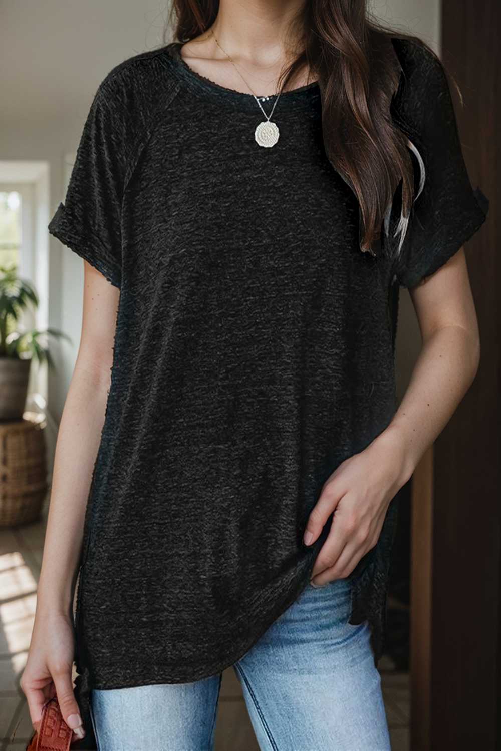 round neck solid loose short sleeve t shirt 111422