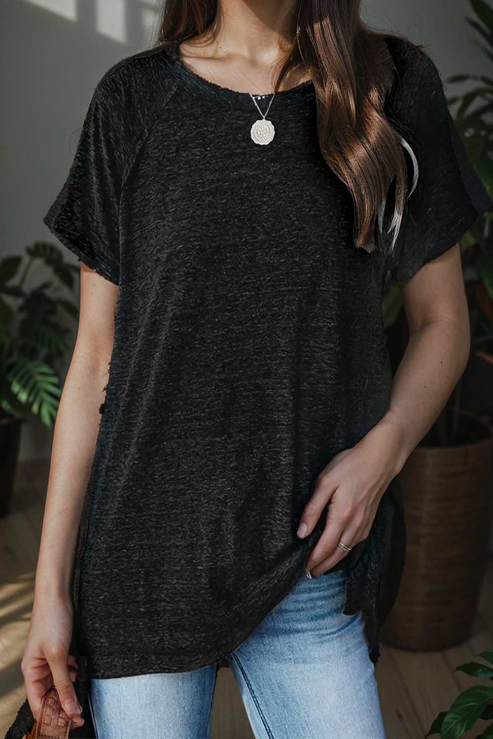 round neck solid loose short sleeve t shirt 111420