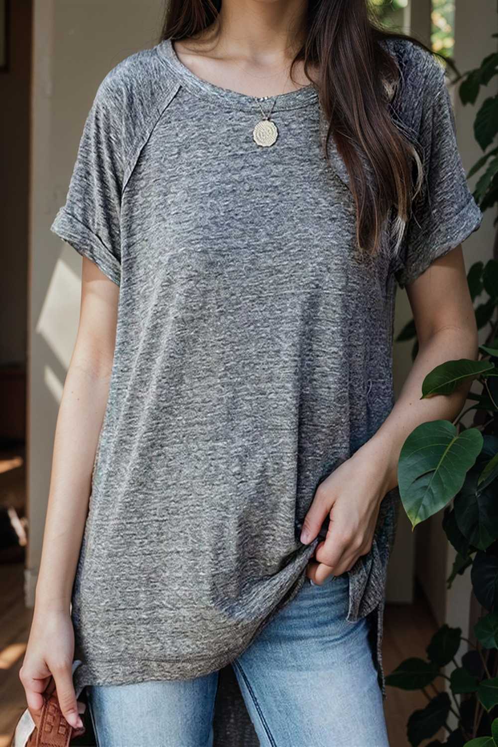 round neck solid loose short sleeve t shirt 110093