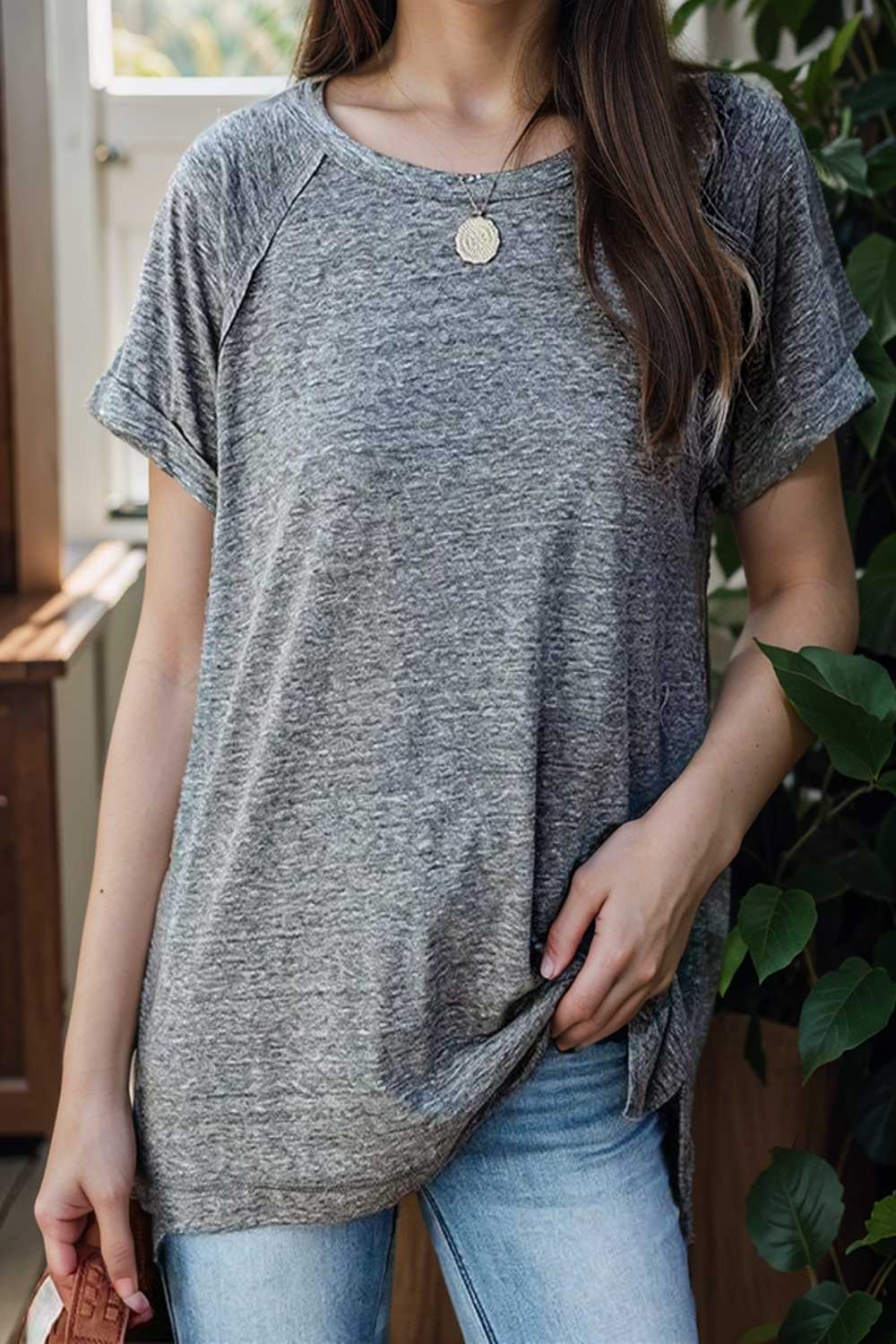 round neck solid loose short sleeve t shirt 107297