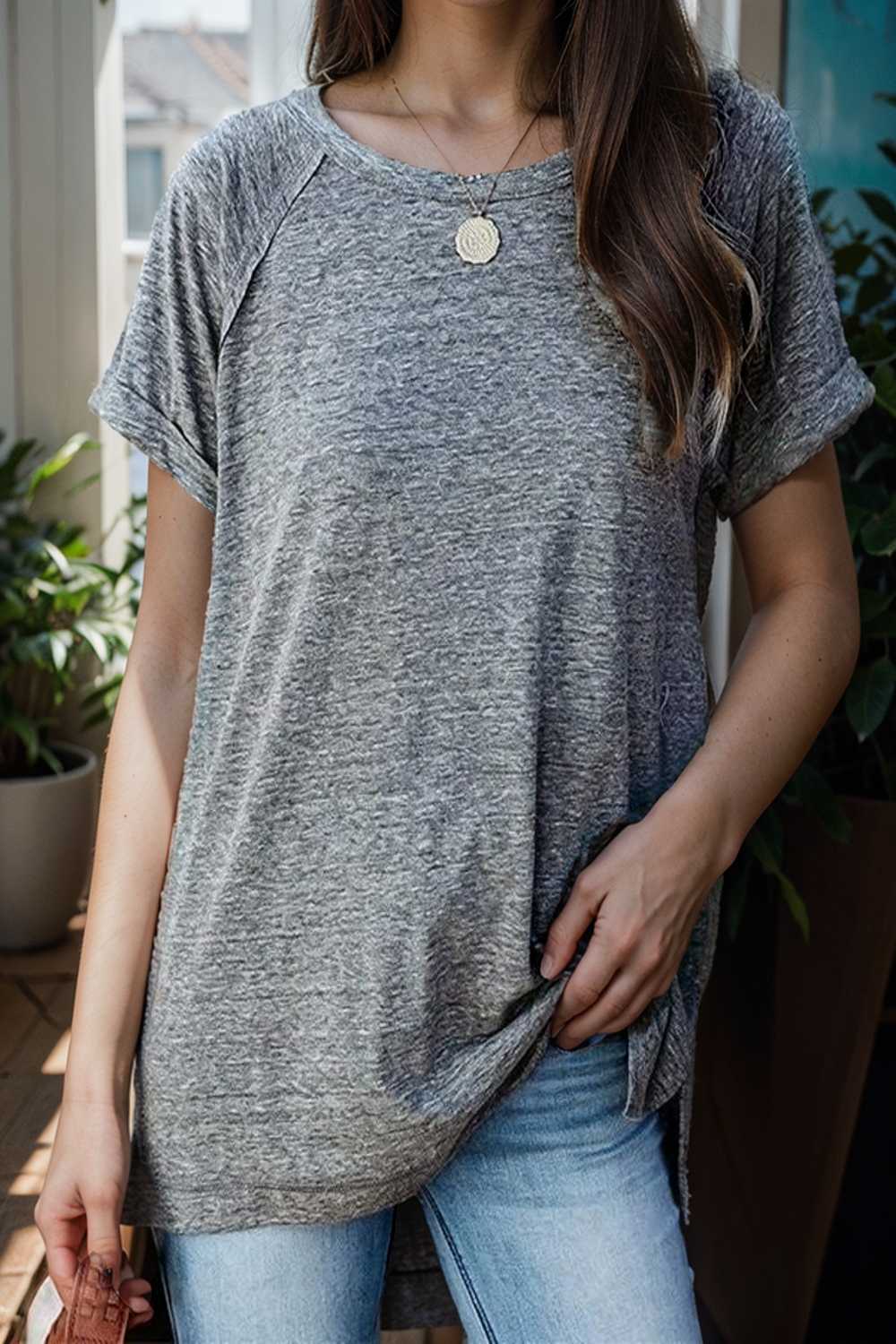 round neck solid loose short sleeve t shirt 111409