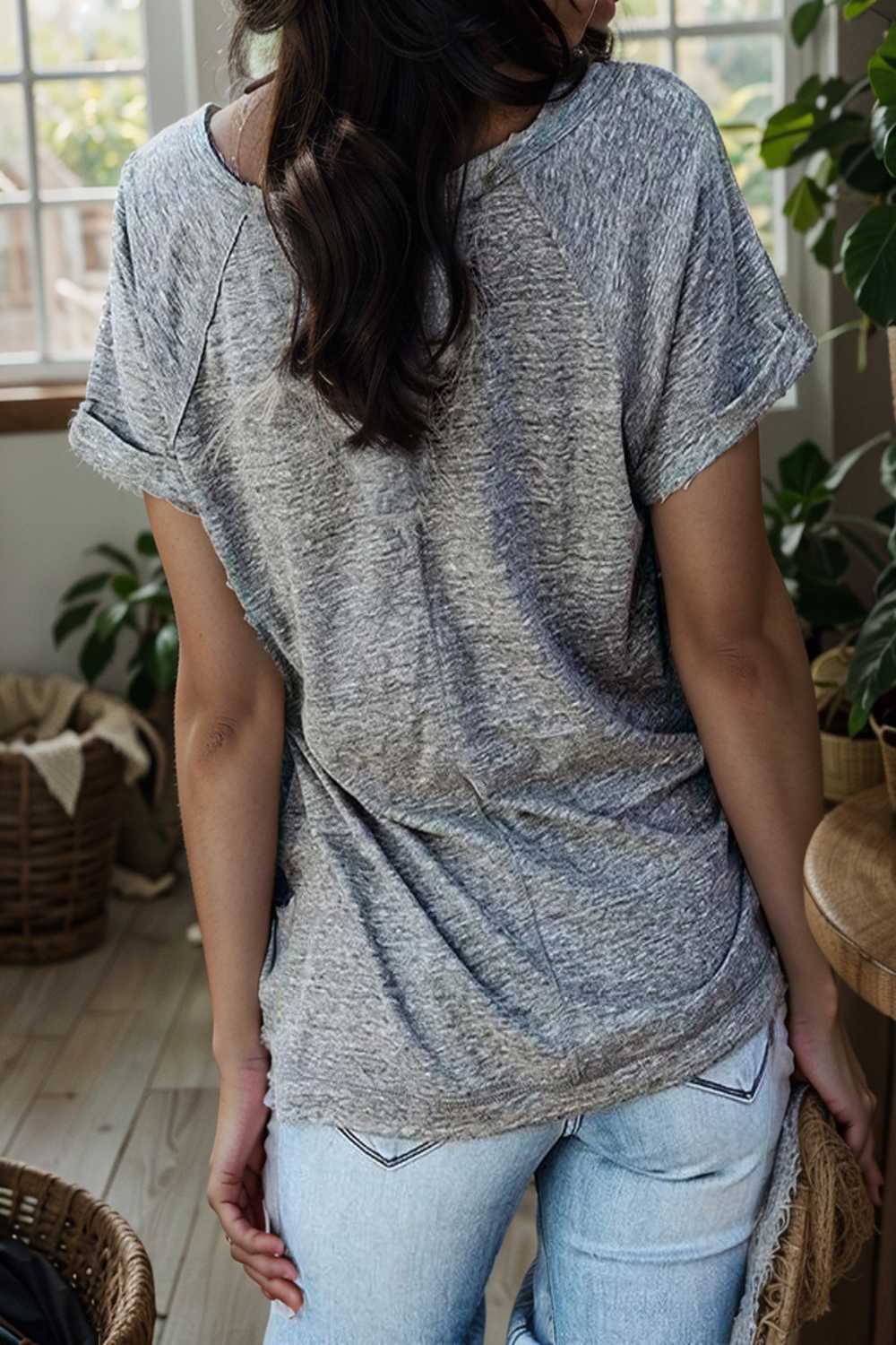 round neck solid loose short sleeve t shirt 110091