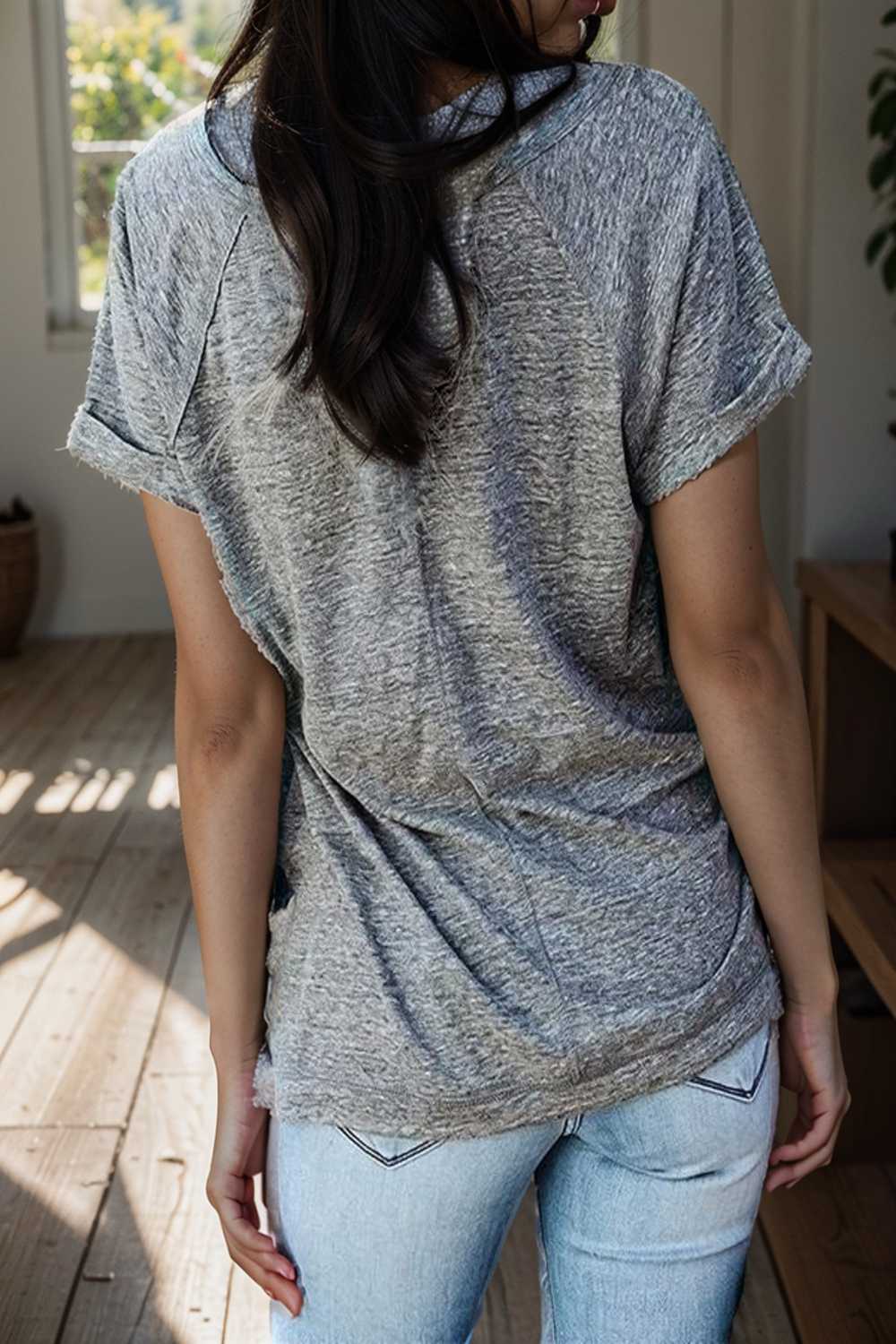 round neck solid loose short sleeve t shirt 107331