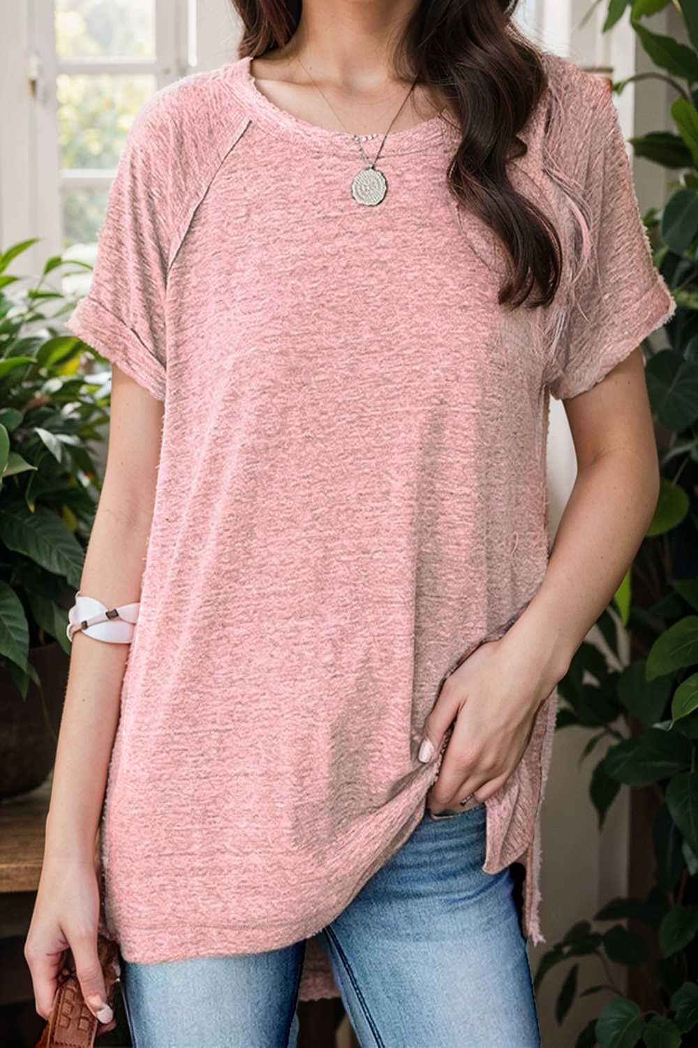round neck solid loose short sleeve t shirt 110090