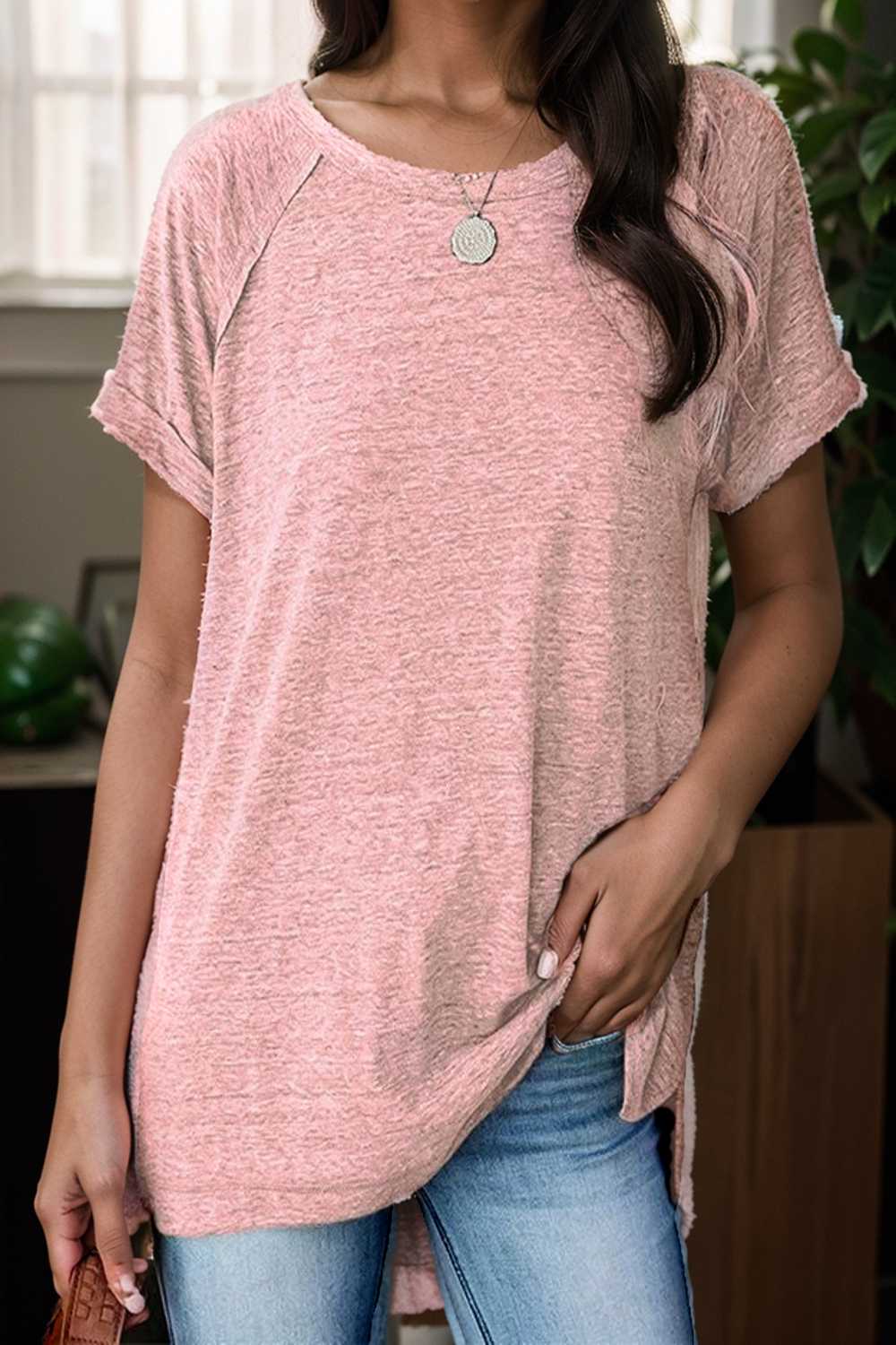round neck solid loose short sleeve t shirt 111802
