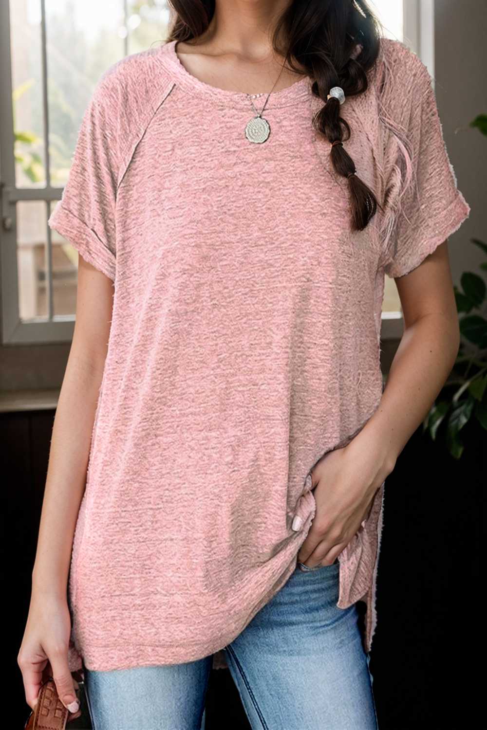 round neck solid loose short sleeve t shirt 111800