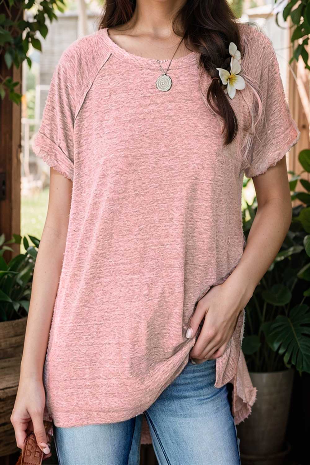 round neck solid loose short sleeve t shirt 111798