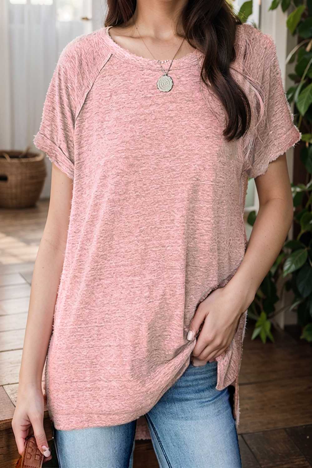 round neck solid loose short sleeve t shirt 111797