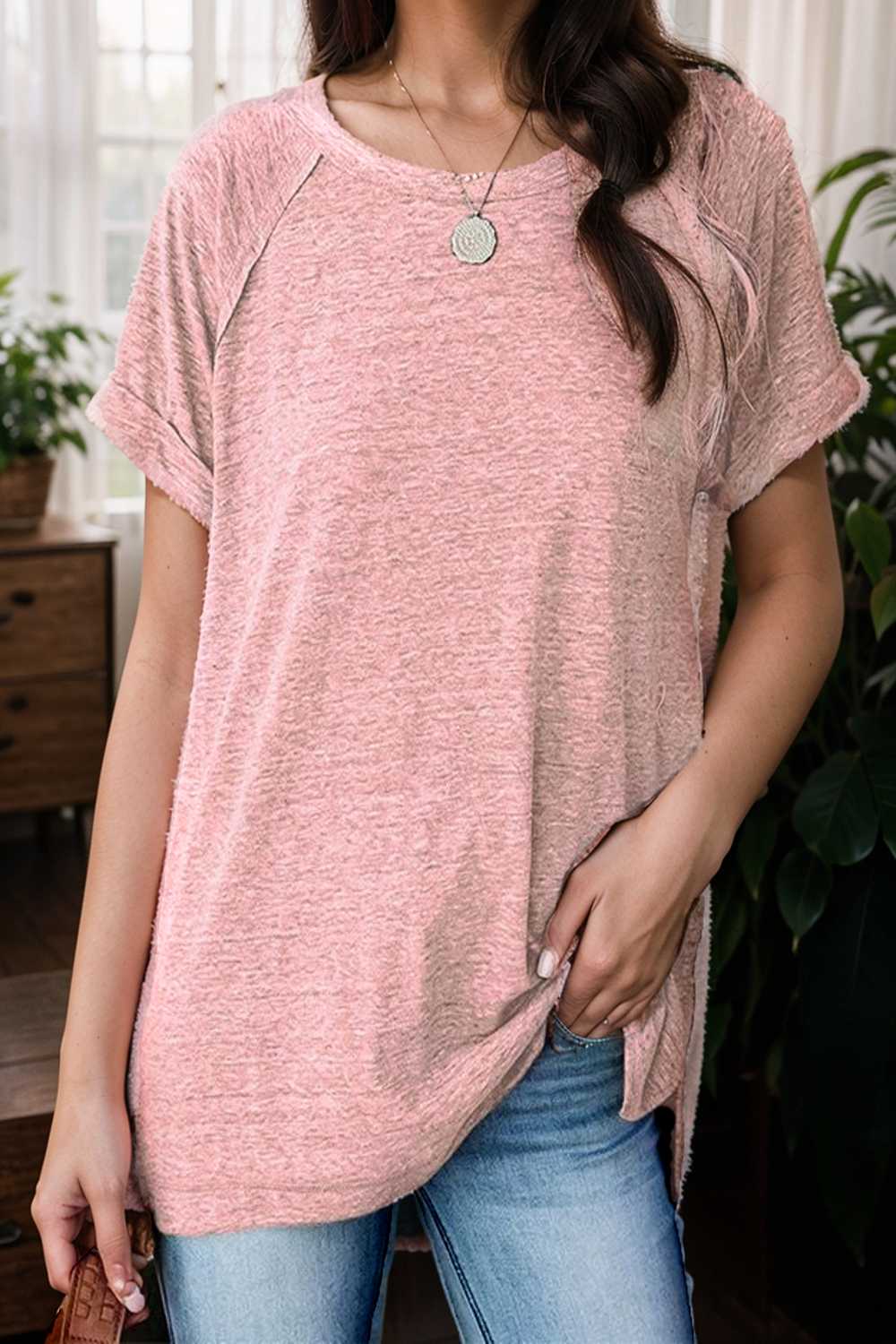round neck solid loose short sleeve t shirt 111795